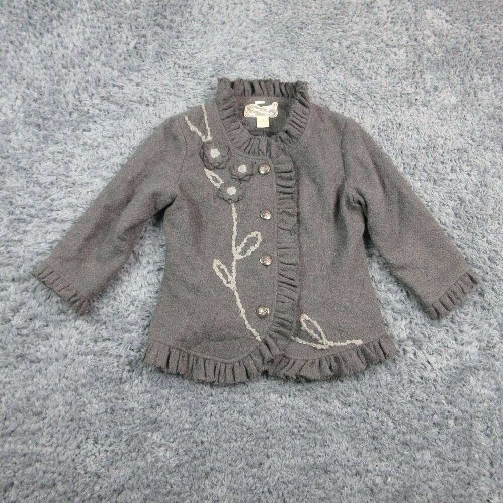 Nick & Mo Cardigan Sweater Womens Medium Gray Ruffle Neck Floral 3/4 Sleeve
